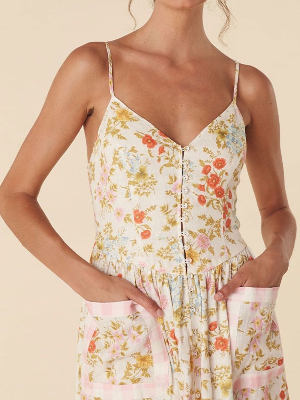 Spell Flora Linen Midi Dress Patch Pockets Large Cottage Whimsical‎ - Picture 4 of 16